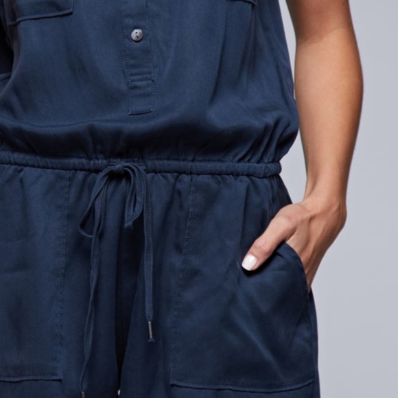 Navy Blue Button Up Romper w/ Pockets - Picture 3 of 4